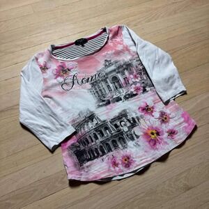BLEU Petite Rome Graphic Print Top Pink Floral Rhinestone 3/4 Sleeve PL Mens